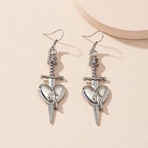 Silver Skull Dagger Heart Earrings